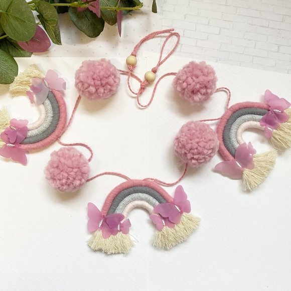Macrame Rainbow Garland, Pom Pom Rainbow Garland, Yarn Macrame Mini Rainbows - Picture 3 of 6